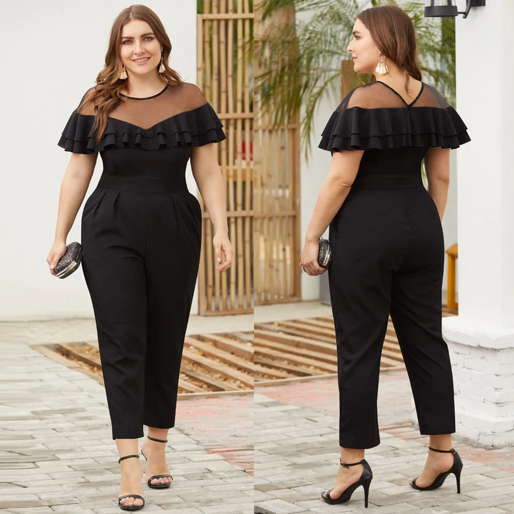 Women's Plus Size Jumpsuit Ruffled Short-Sleeved  Long Length Rompers Jumpsuit