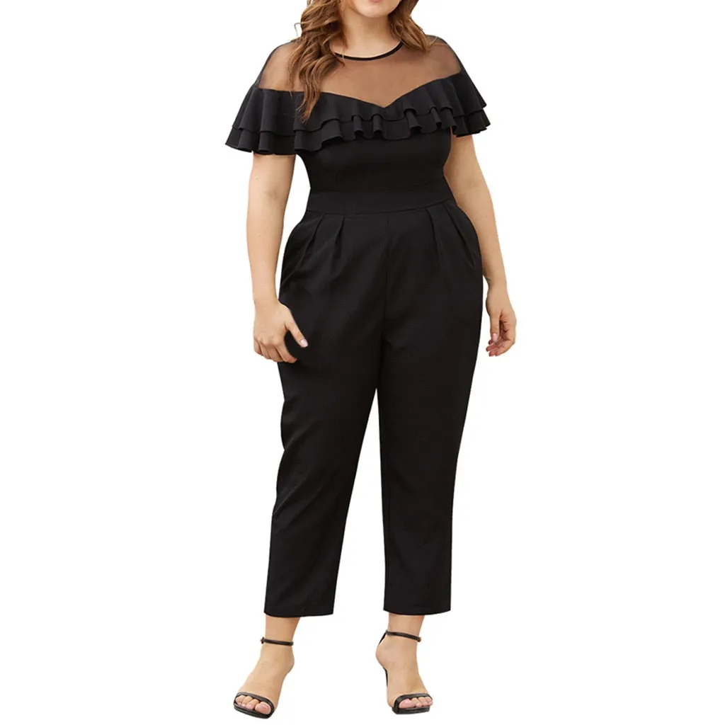 Women's Plus Size Jumpsuit Ruffled Short-Sleeved  Long Length Rompers Jumpsuit