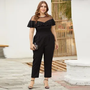 Women's Plus Size Jumpsuit Ruffled Short-Sleeved  Long Length Rompers Jumpsuit
