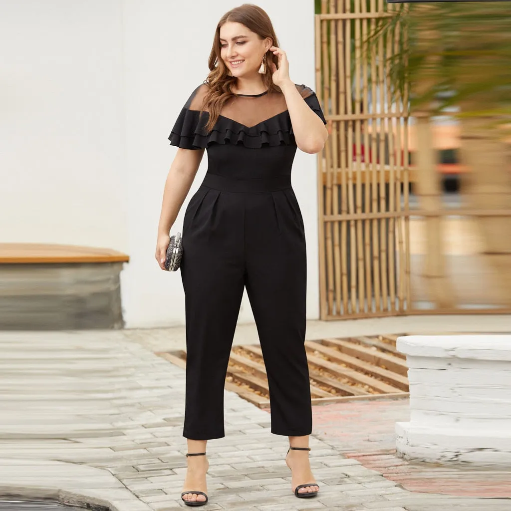 Women's Plus Size Jumpsuit Ruffled Short-Sleeved  Long Length Rompers Jumpsuit