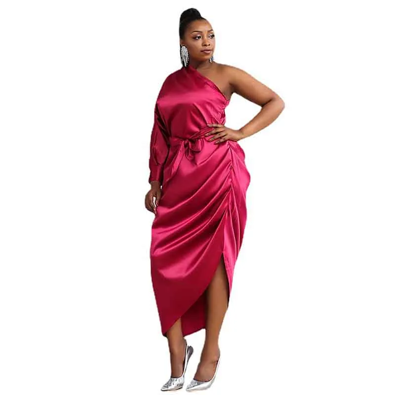 Women's Plus Size Sexy One Shoulder Satin Rosy Midi Cocktail Dress