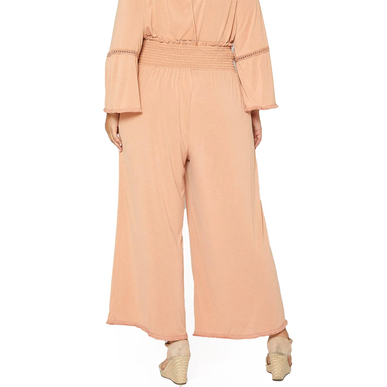 Women's Plus Size Smocked Waist Wide Leg Palazzo Pants in Apricot
