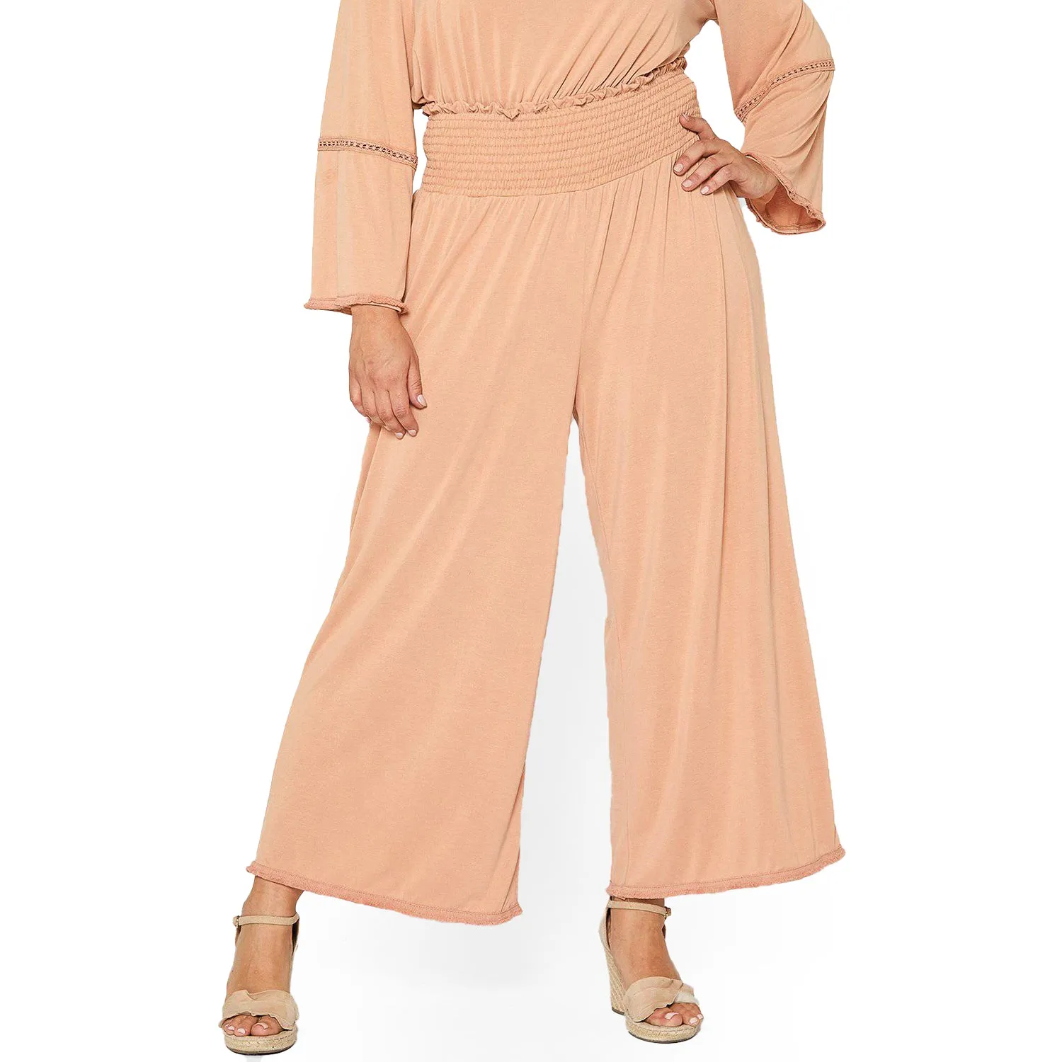 Women's Plus Size Smocked Waist Wide Leg Palazzo Pants in Apricot