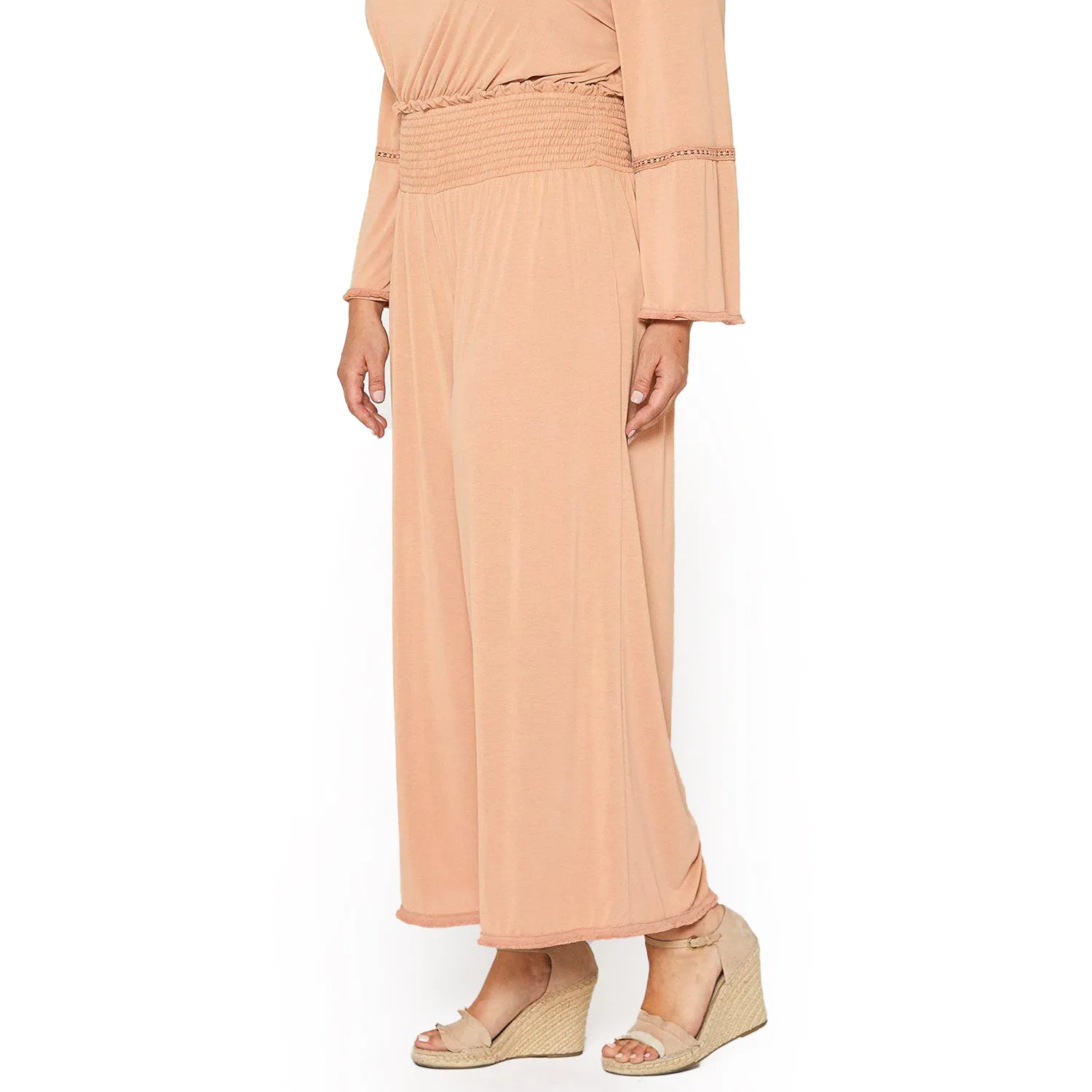 Women's Plus Size Smocked Waist Wide Leg Palazzo Pants in Apricot