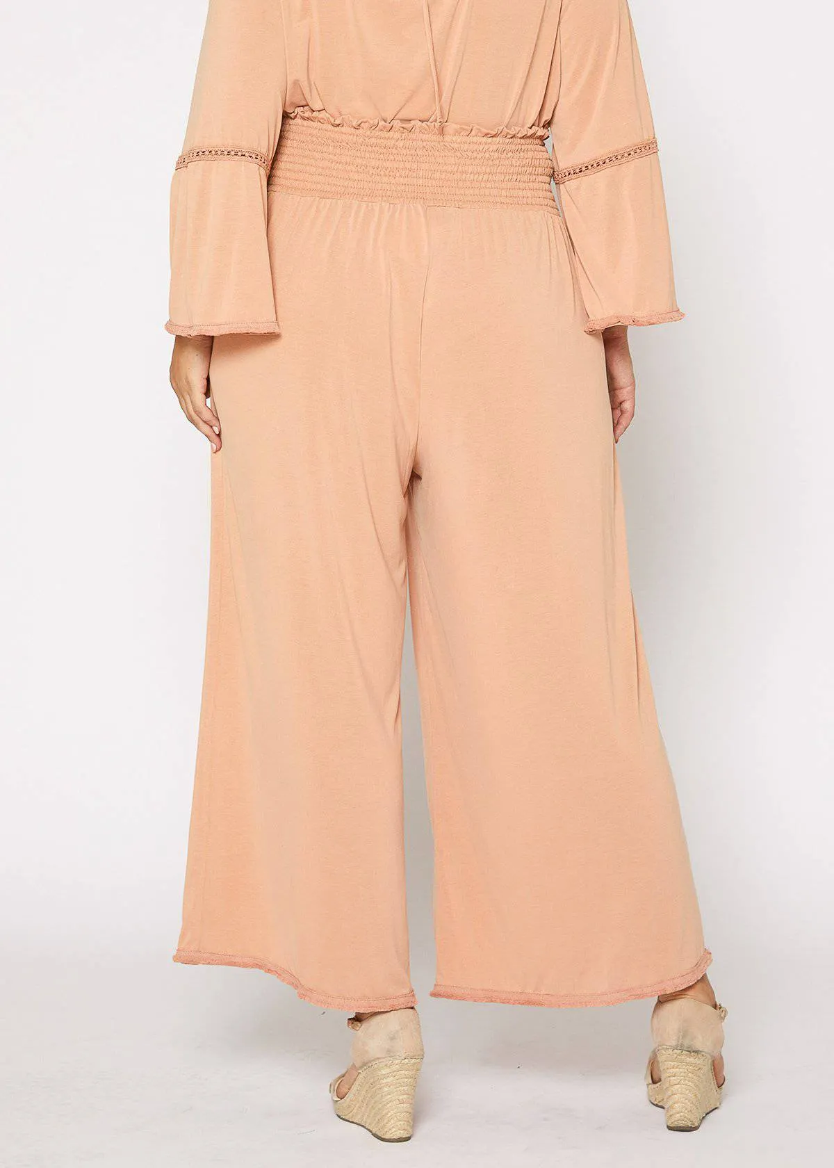 Women's Plus Size Smocked Waist Wide Leg Palazzo Pants in Apricot