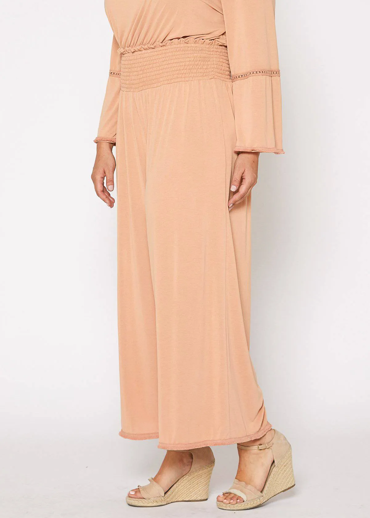Women's Plus Size Smocked Waist Wide Leg Palazzo Pants in Apricot