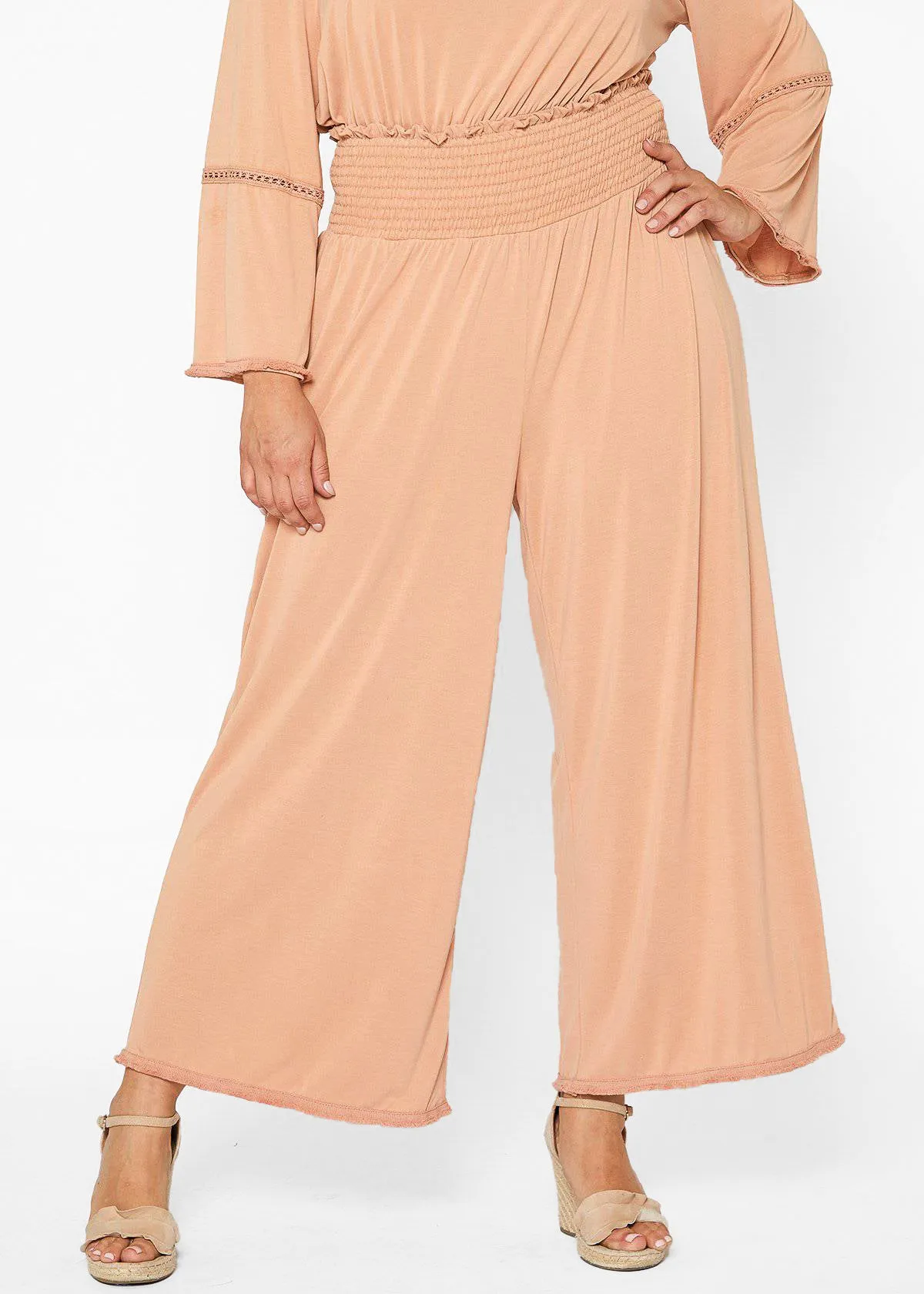 Women's Plus Size Smocked Waist Wide Leg Palazzo Pants in Apricot