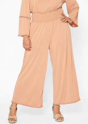 Women's Plus Size Smocked Waist Wide Leg Palazzo Pants in Apricot