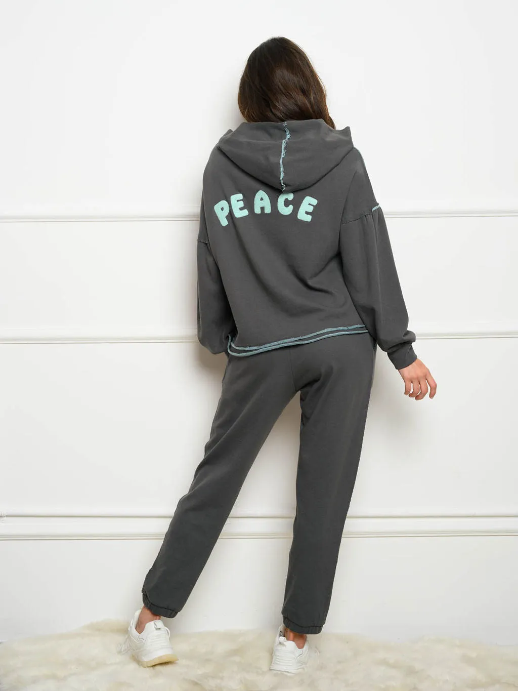 WOMEN'S RAW EDGE EMBROIDERED HOODED 2PC. JOGGER SET