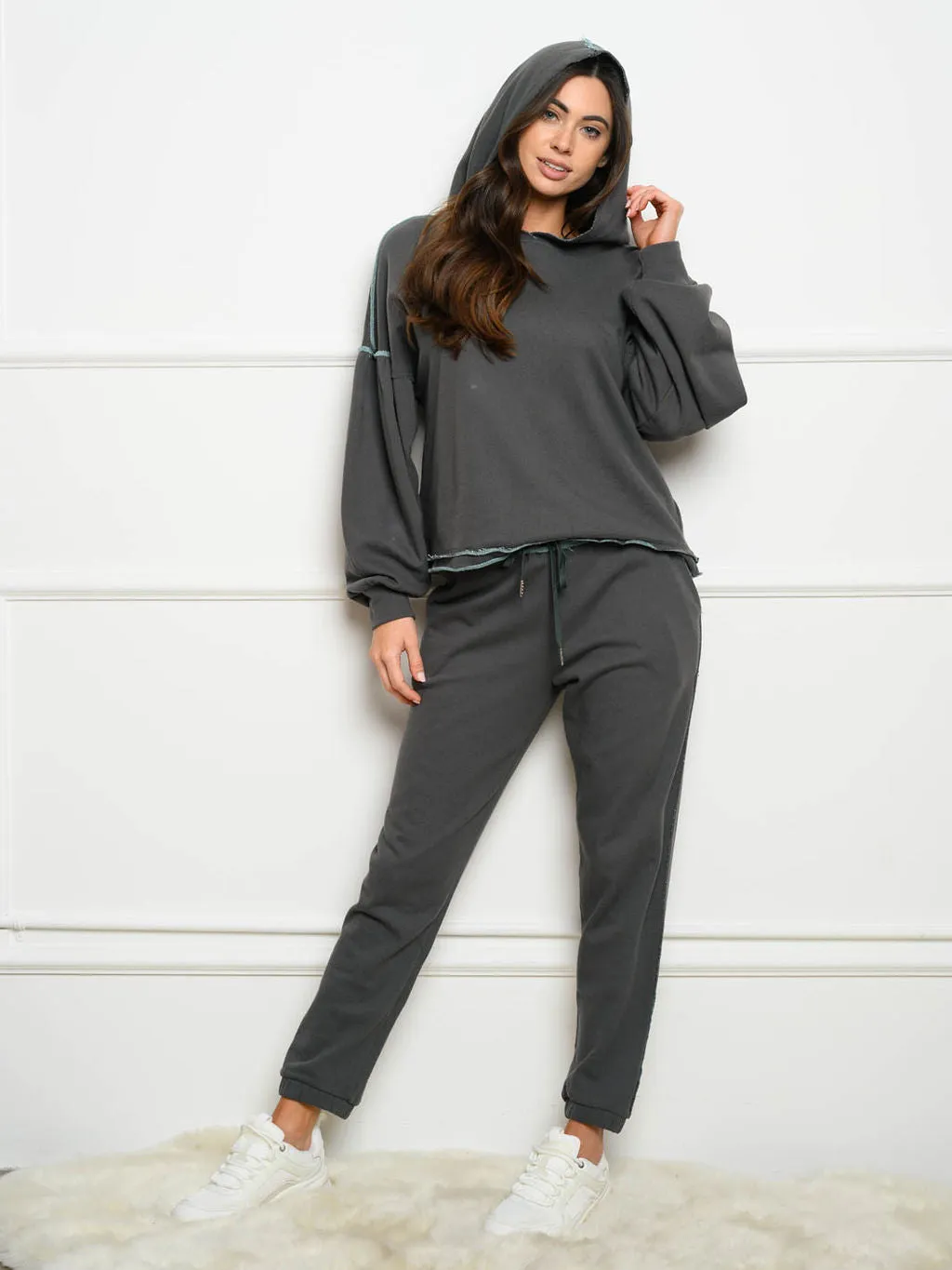 WOMEN'S RAW EDGE EMBROIDERED HOODED 2PC. JOGGER SET