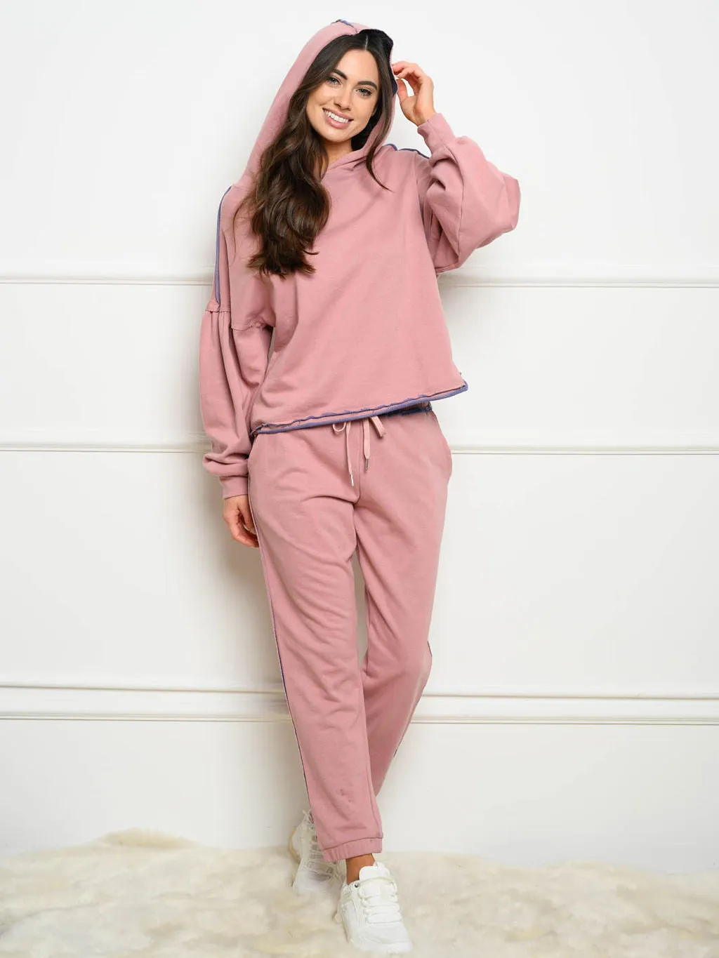 WOMEN'S RAW EDGE EMBROIDERED HOODED 2PC. JOGGER SET