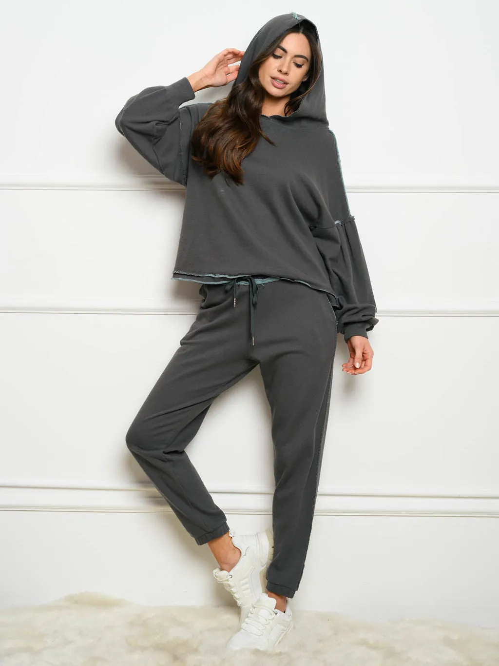 WOMEN'S RAW EDGE EMBROIDERED HOODED 2PC. JOGGER SET