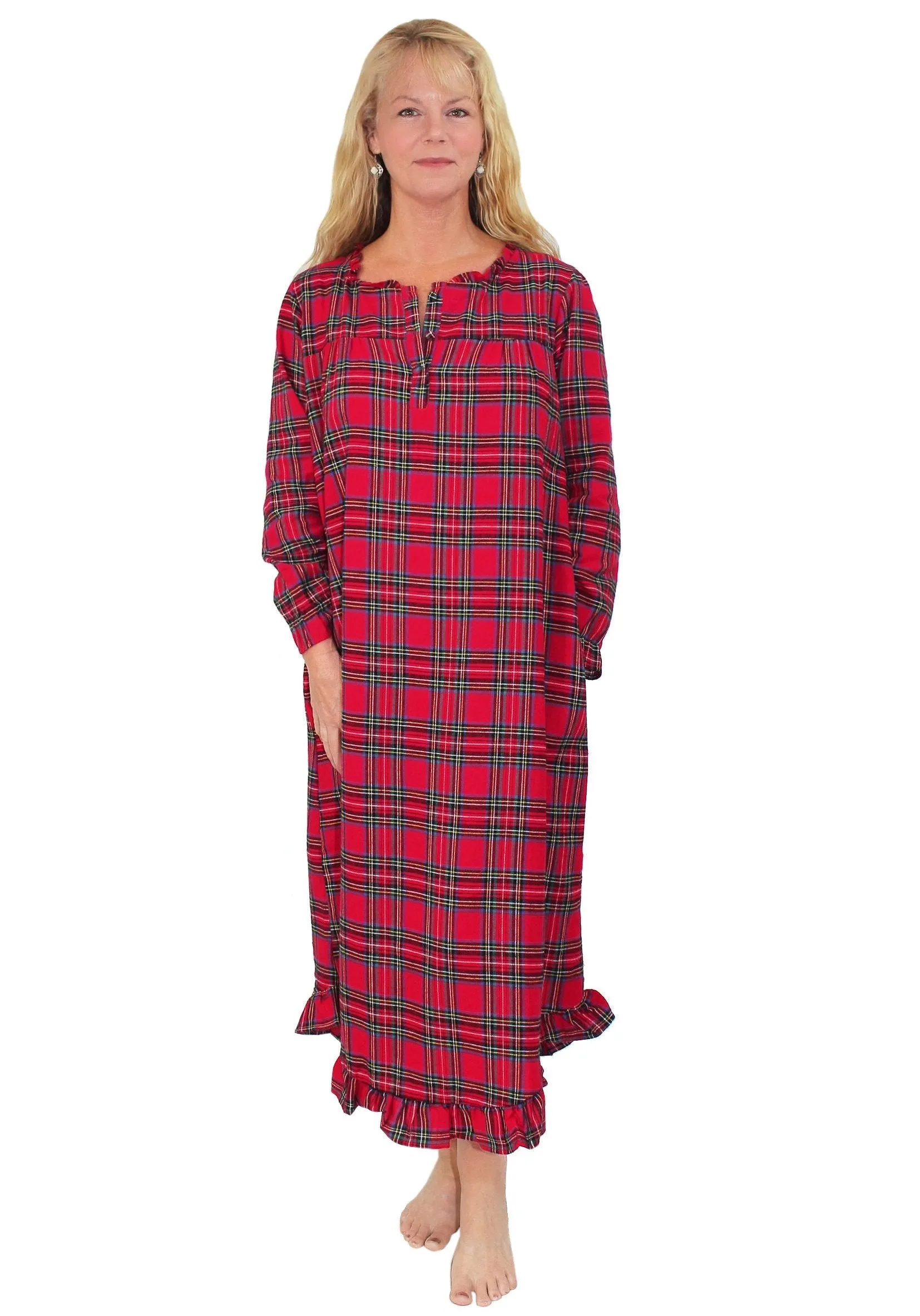 Women's Red Plaid Cotton Flannel Long Nightgown