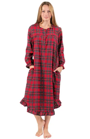 Women's Red Plaid Cotton Flannel Long Nightgown