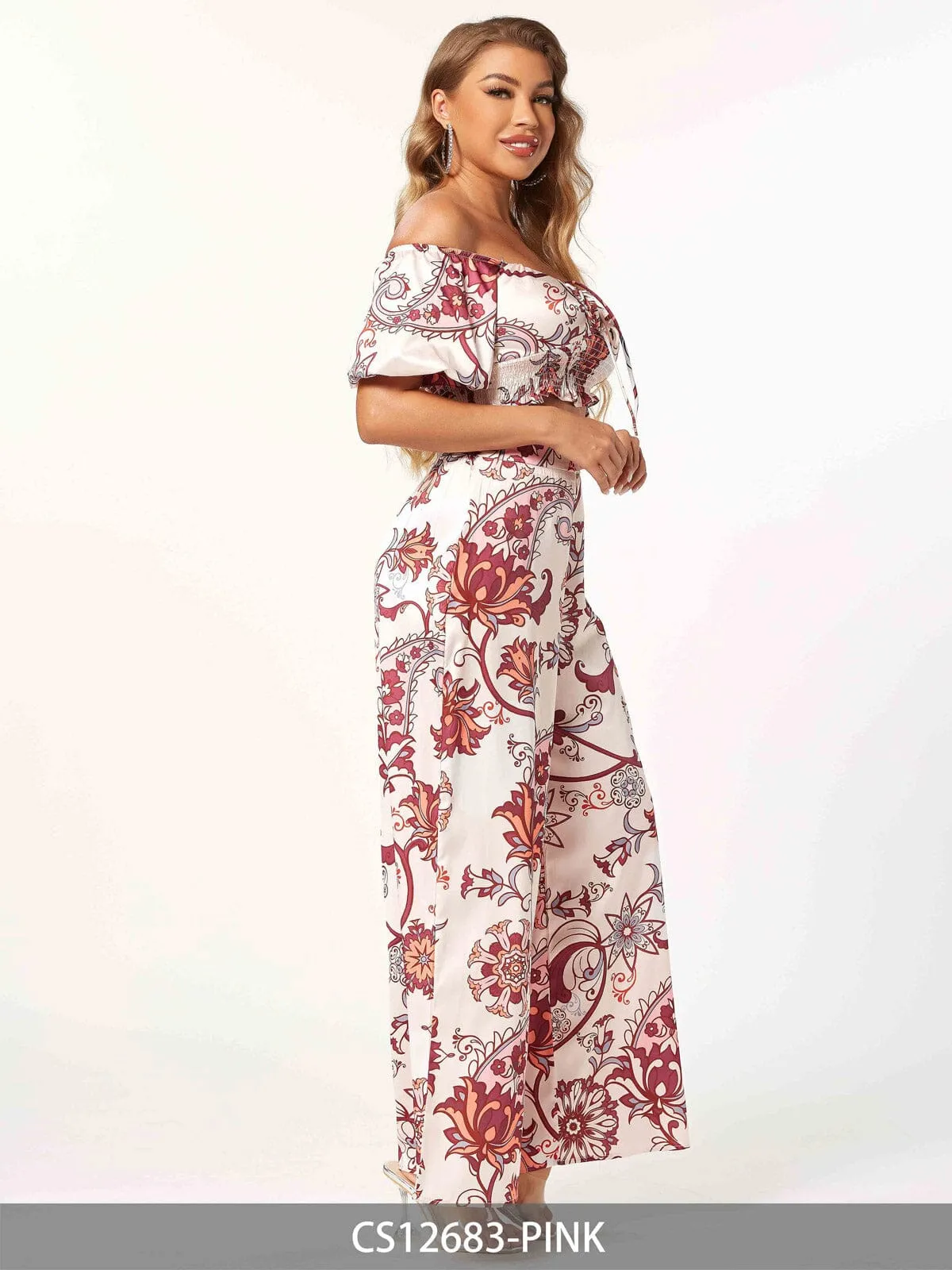 WOMEN'S SHORT PUFF SLEEVE CROP TOP & WIDE LEG PANTS PRINTED 2PC. SET