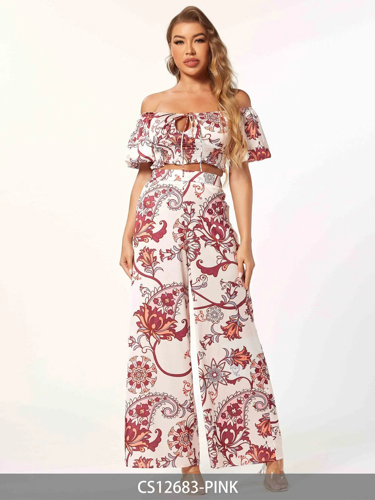 WOMEN'S SHORT PUFF SLEEVE CROP TOP & WIDE LEG PANTS PRINTED 2PC. SET