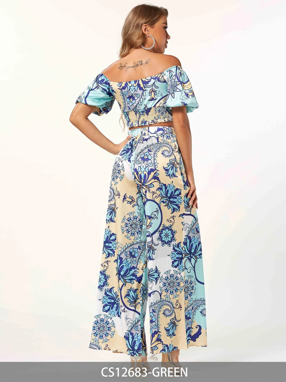 WOMEN'S SHORT PUFF SLEEVE CROP TOP & WIDE LEG PANTS PRINTED 2PC. SET