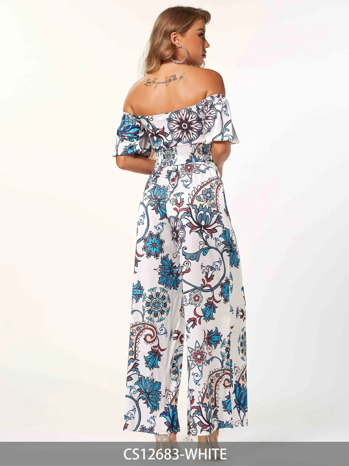 WOMEN'S SHORT PUFF SLEEVE CROP TOP & WIDE LEG PANTS PRINTED 2PC. SET