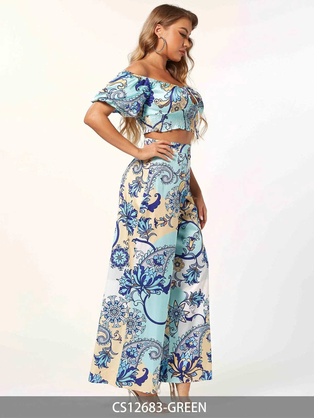 WOMEN'S SHORT PUFF SLEEVE CROP TOP & WIDE LEG PANTS PRINTED 2PC. SET