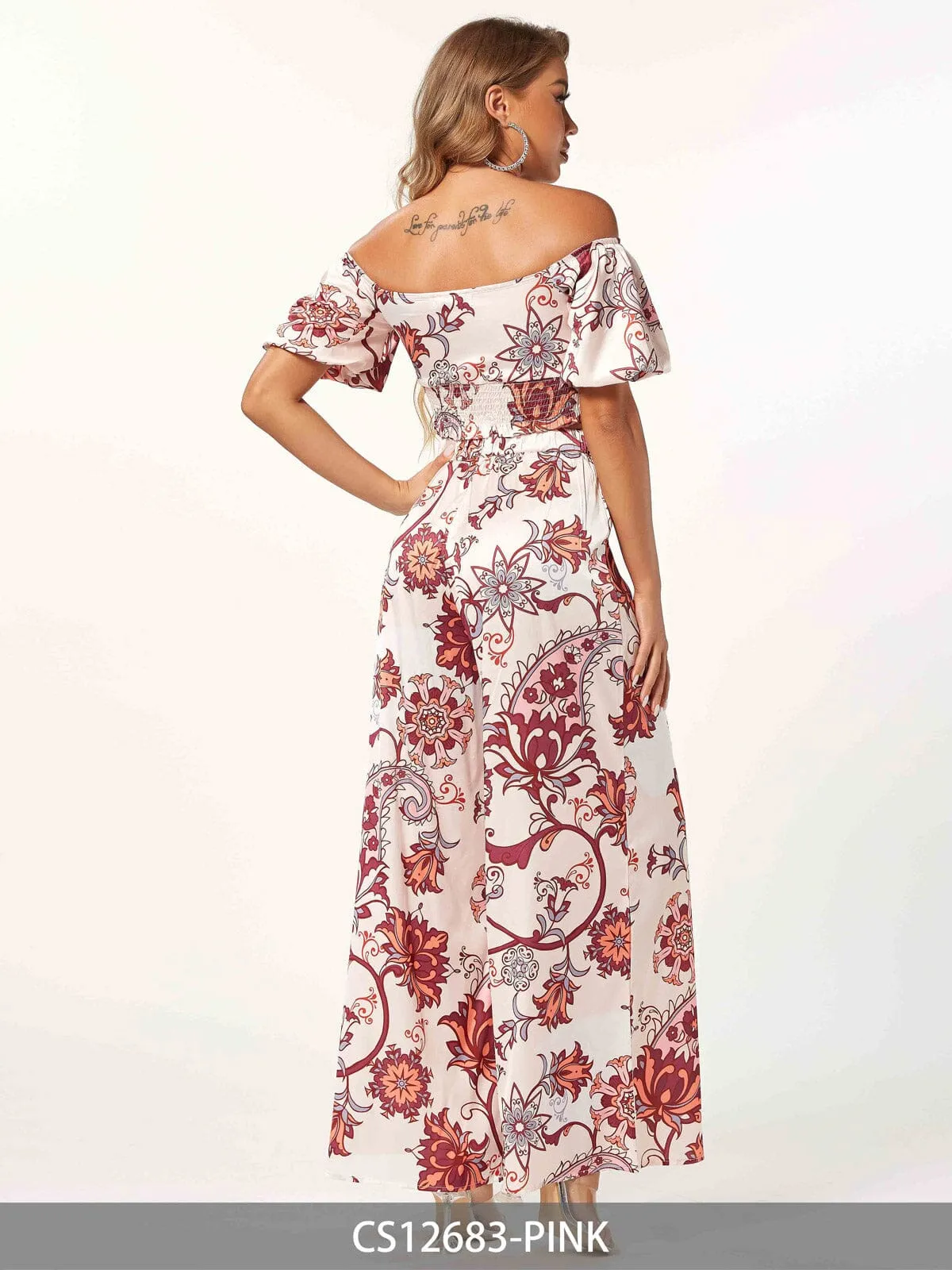 WOMEN'S SHORT PUFF SLEEVE CROP TOP & WIDE LEG PANTS PRINTED 2PC. SET