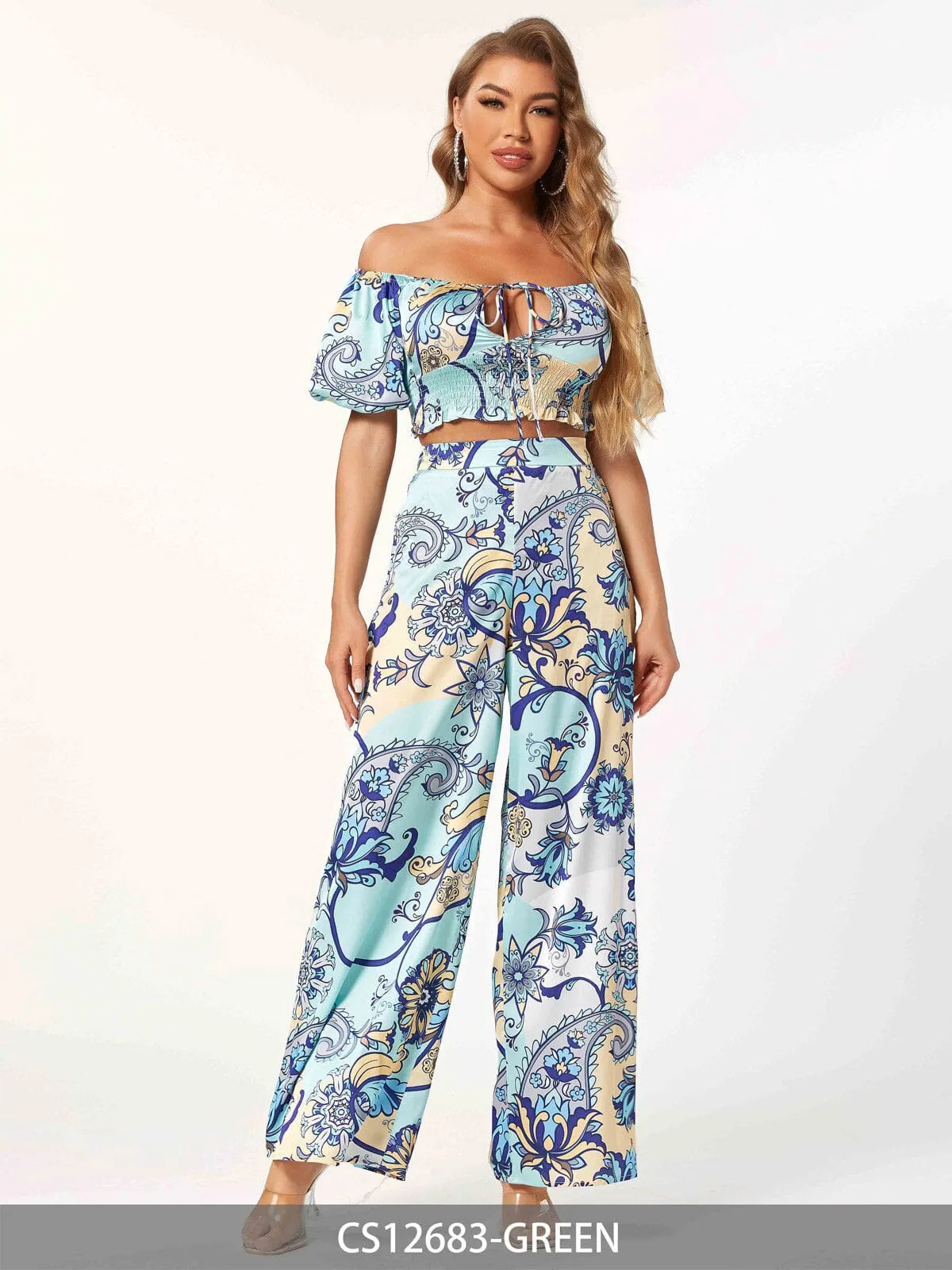 WOMEN'S SHORT PUFF SLEEVE CROP TOP & WIDE LEG PANTS PRINTED 2PC. SET