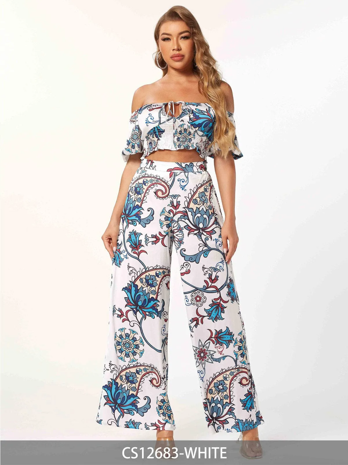 WOMEN'S SHORT PUFF SLEEVE CROP TOP & WIDE LEG PANTS PRINTED 2PC. SET