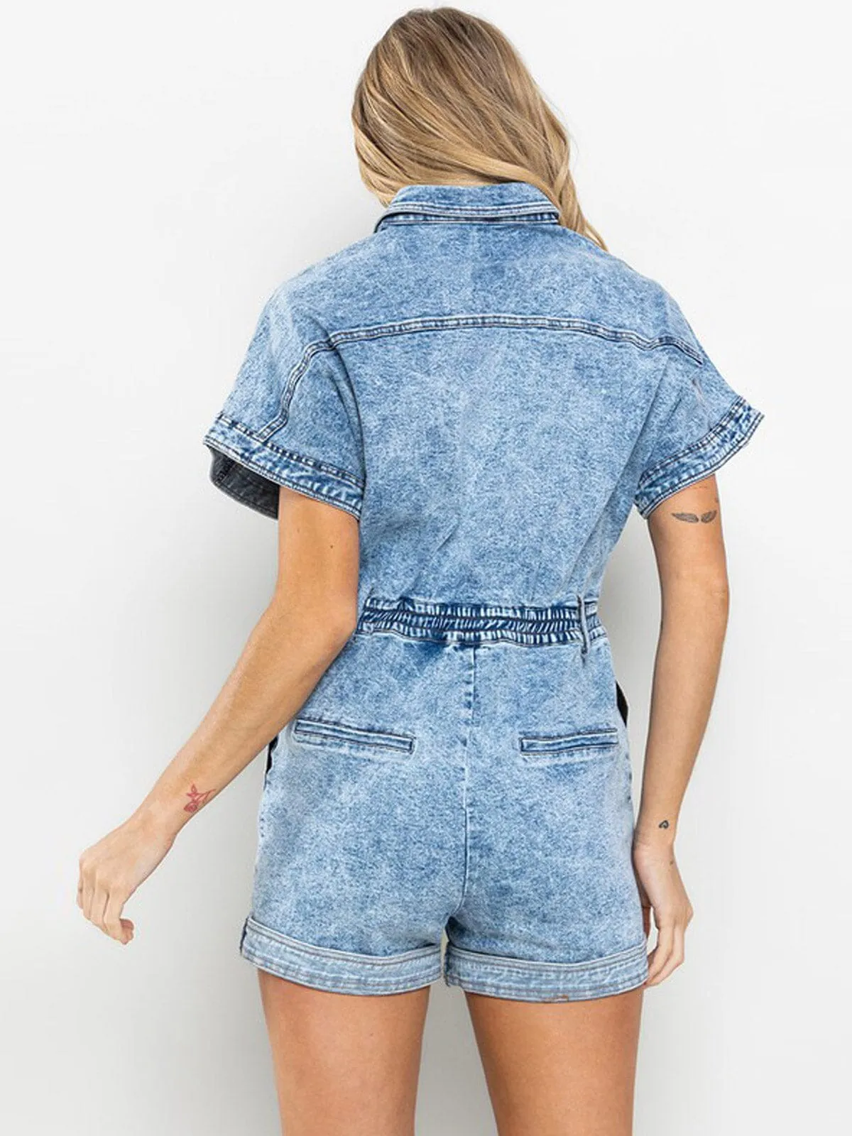 WOMEN'S SHORT SLEEVE BUTTON UP DENIM ROMPER