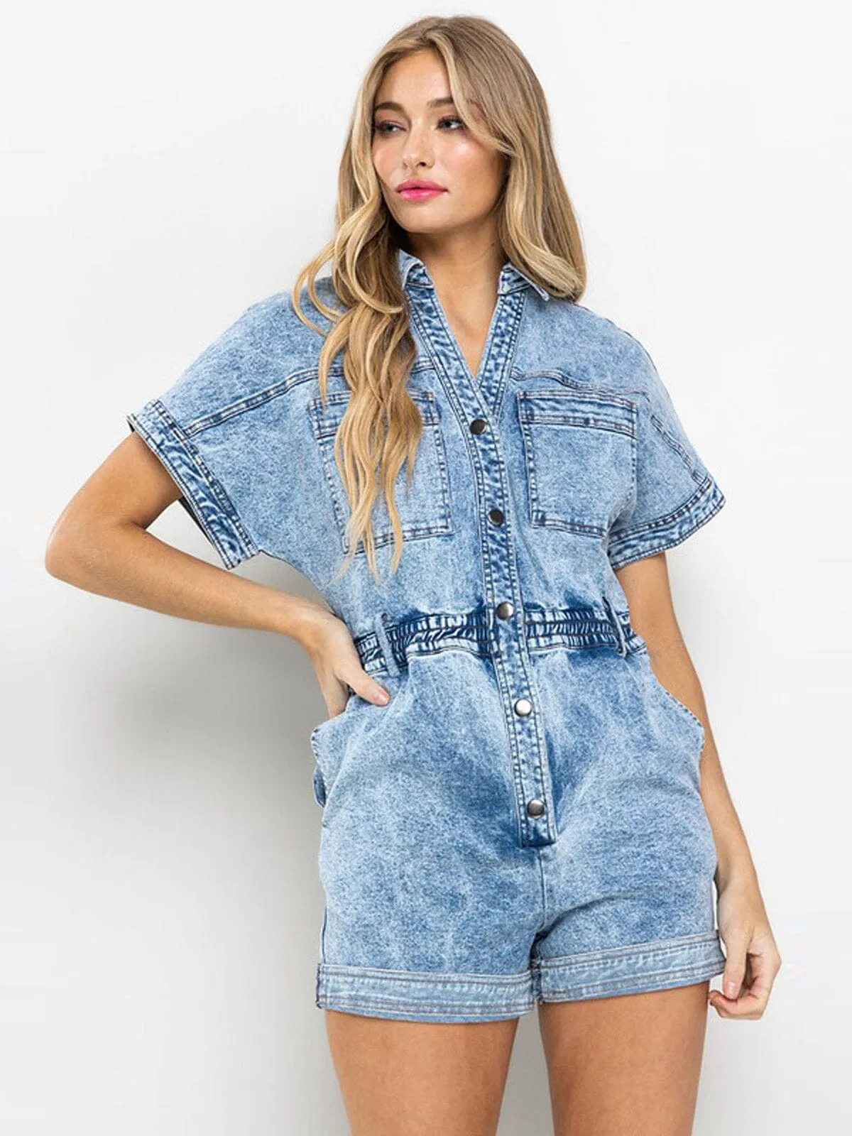 WOMEN'S SHORT SLEEVE BUTTON UP DENIM ROMPER