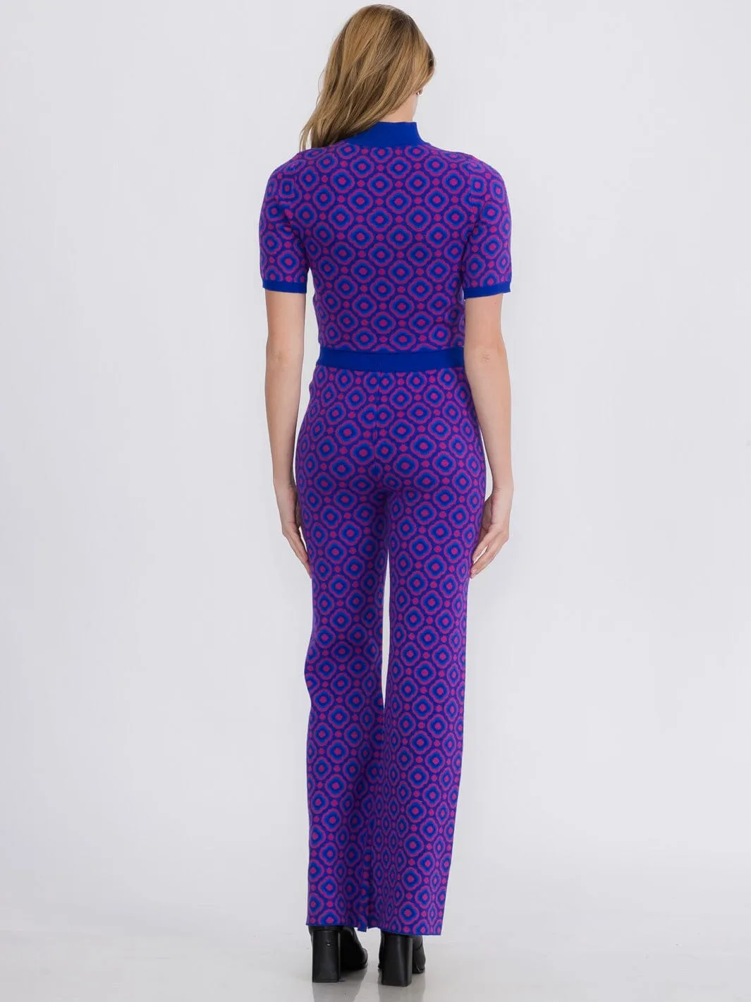 WOMEN'S SHORT SLEEVE CROP TOP & ELASTIC WAIST PANTS COLORBLOCK PRINTED 2PC.SET