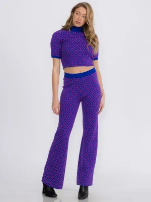 WOMEN'S SHORT SLEEVE CROP TOP & ELASTIC WAIST PANTS COLORBLOCK PRINTED 2PC.SET