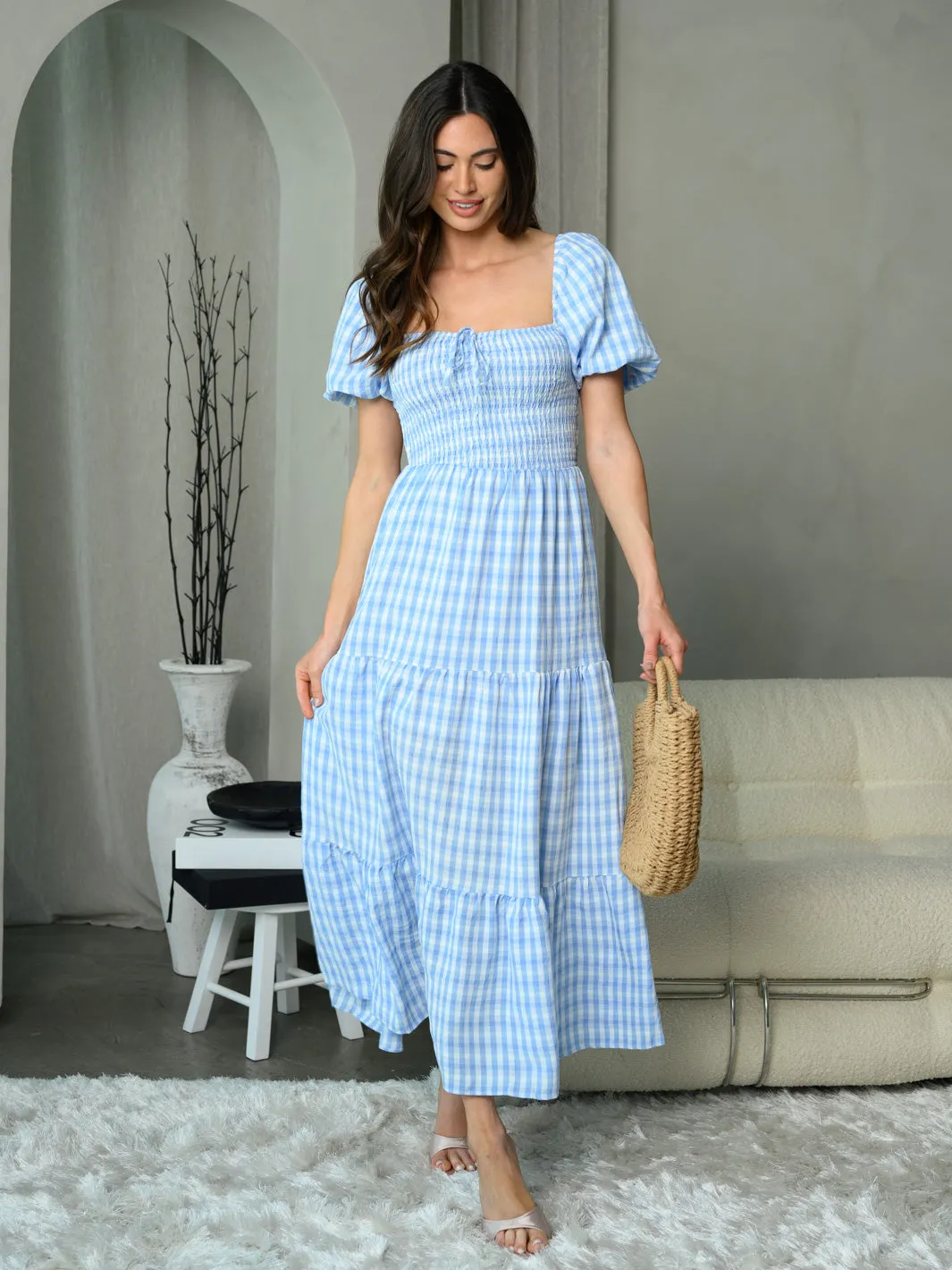 WOMEN'S SHORT SLEEVE SMOCK PLAID MAXI DRESS