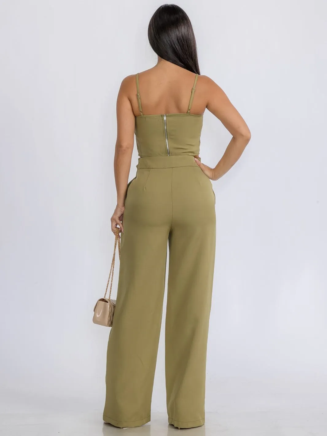 WOMEN'S SLEEVELESS CROP TOP & ZIP UP PANTS STUDS DETAILED 2PC.SET