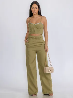 WOMEN'S SLEEVELESS CROP TOP & ZIP UP PANTS STUDS DETAILED 2PC.SET