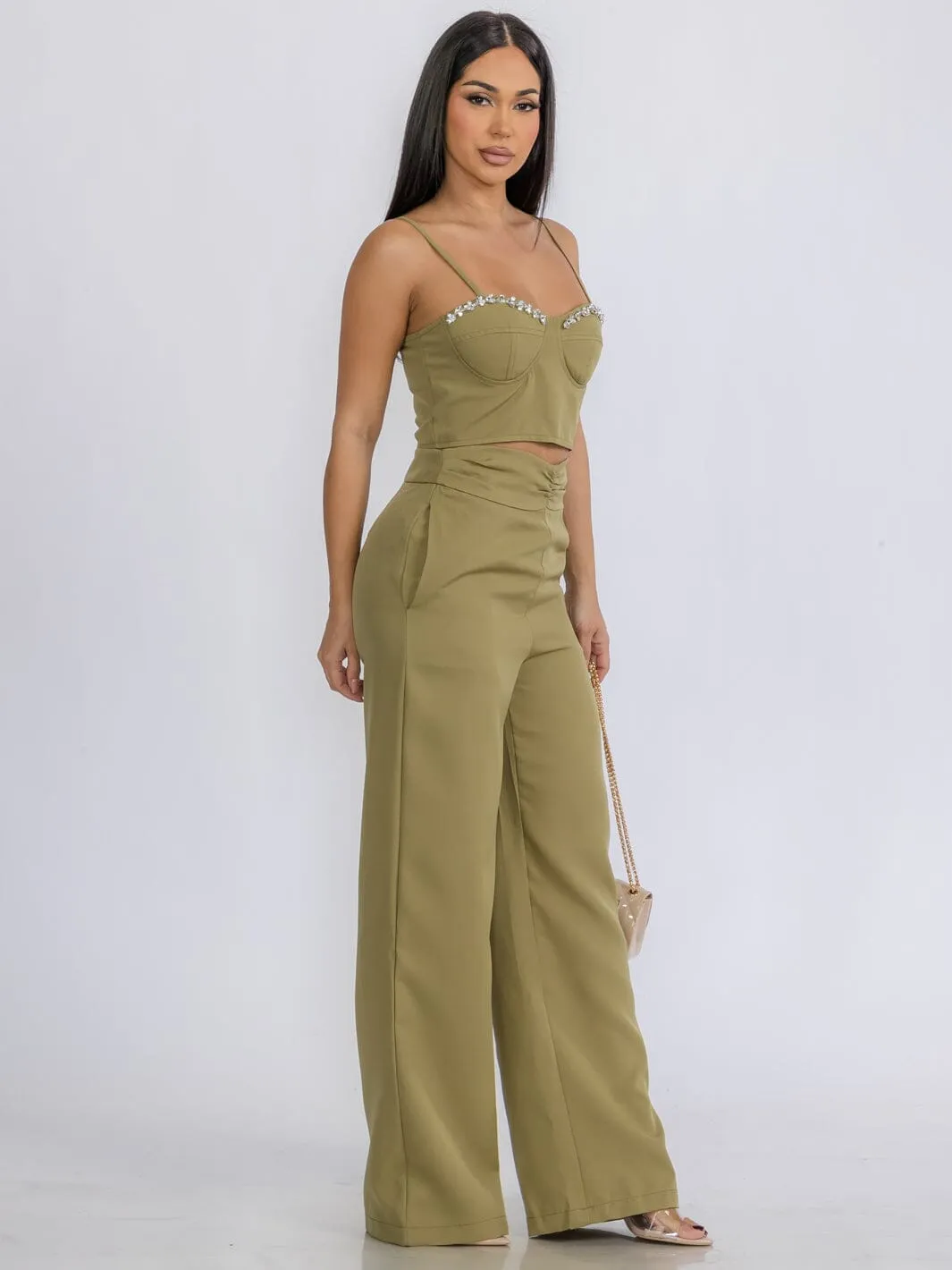 WOMEN'S SLEEVELESS CROP TOP & ZIP UP PANTS STUDS DETAILED 2PC.SET