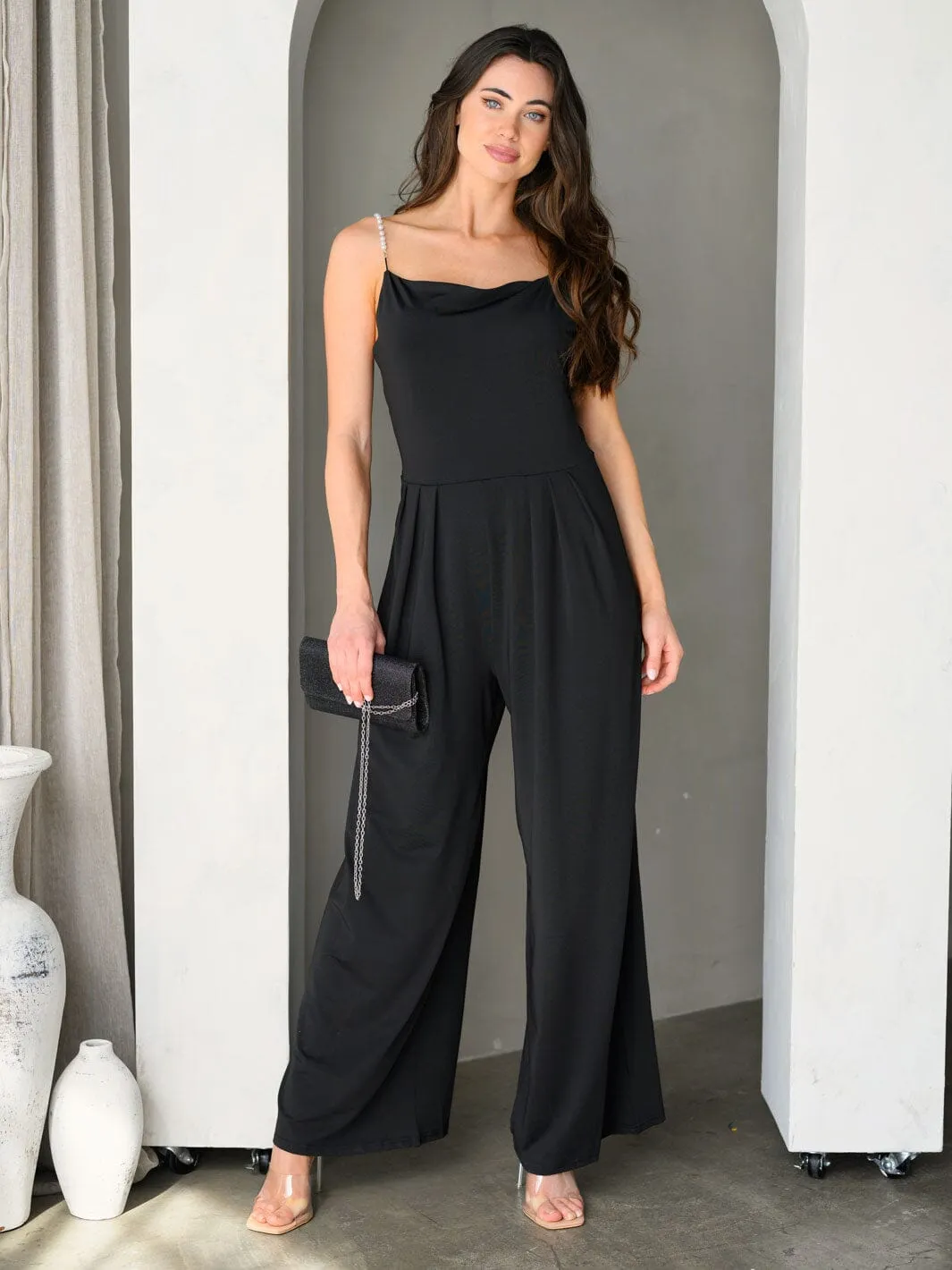 WOMEN'S SLEEVELESS PEARL DETAILED STRAPS WIDE LEG JUMPSUIT