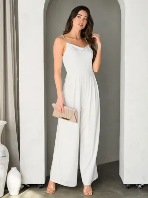 WOMEN'S SLEEVELESS PEARL DETAILED STRAPS WIDE LEG JUMPSUIT