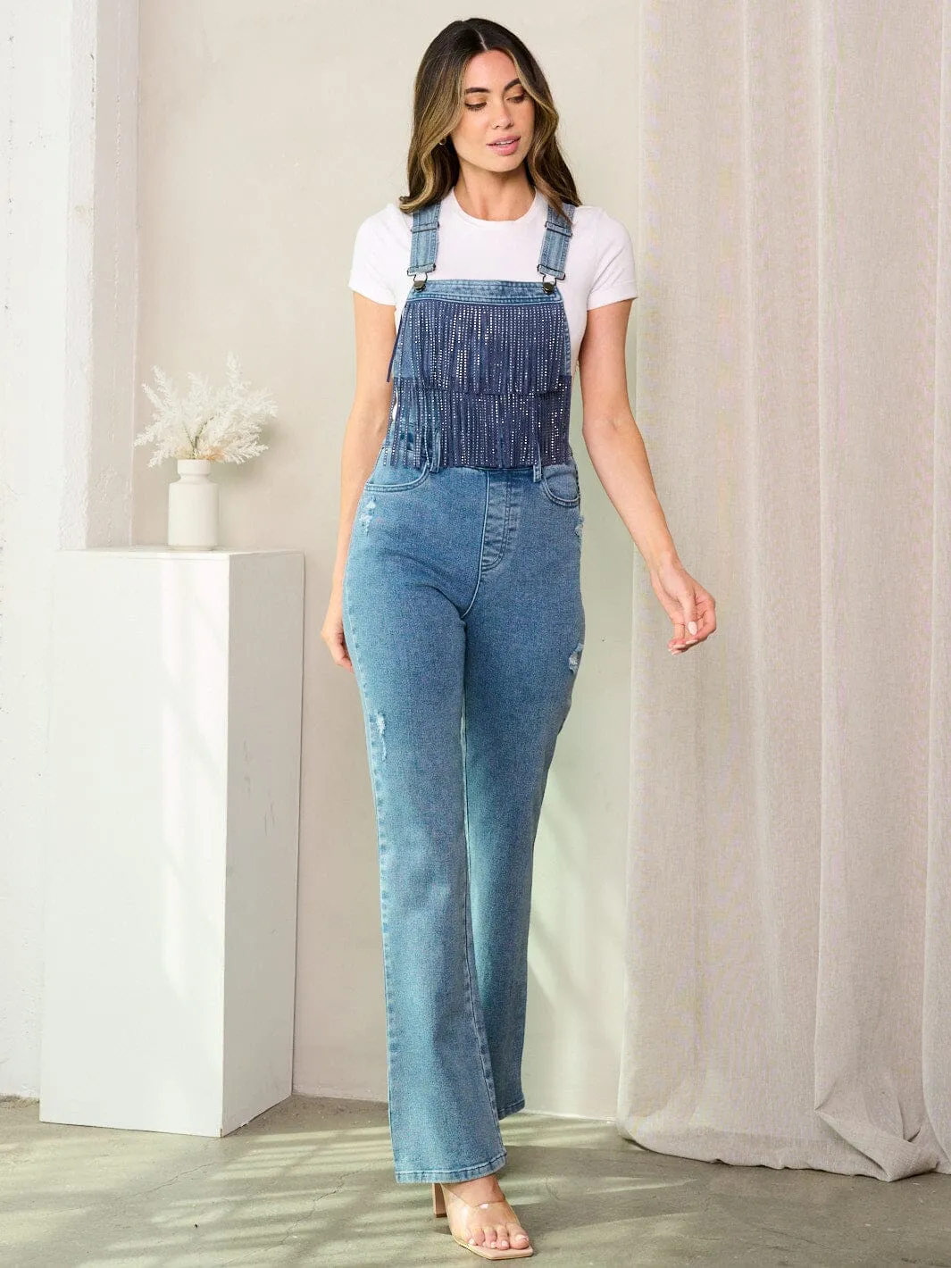 WOMEN'S SLEEVELESS POCKETS FRONT DETAILED DENIM OVERALL