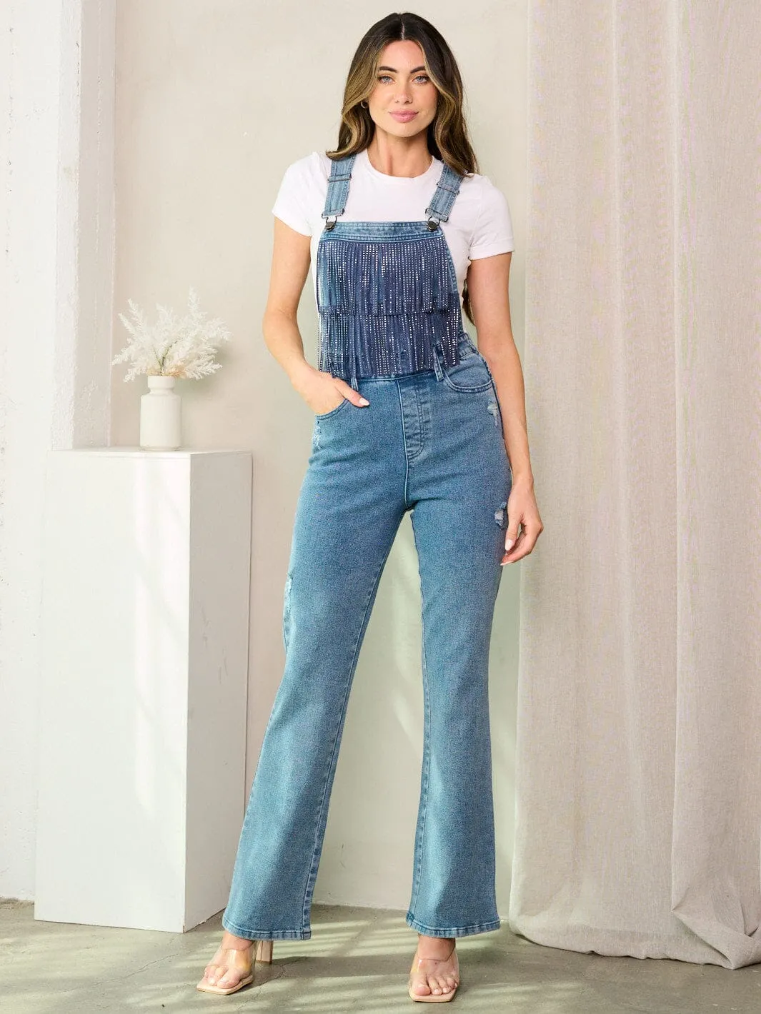 WOMEN'S SLEEVELESS POCKETS FRONT DETAILED DENIM OVERALL