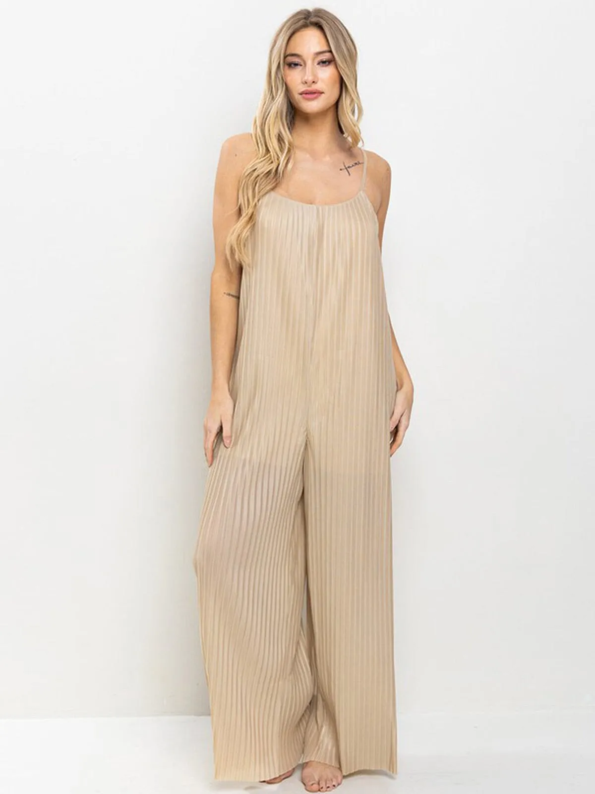 WOMEN'S SLEEVELESS POCKETS PLEATED WIDE LEG JUMSPUIT