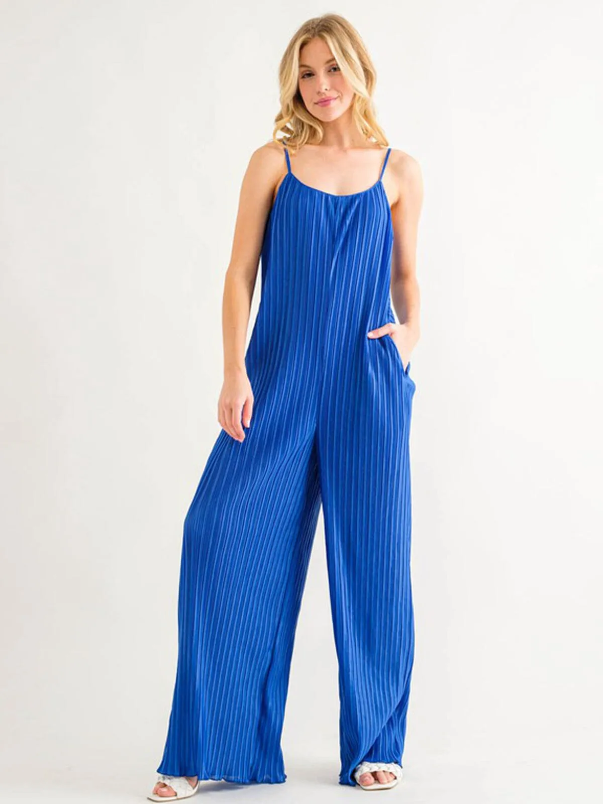 WOMEN'S SLEEVELESS POCKETS PLEATED WIDE LEG JUMSPUIT