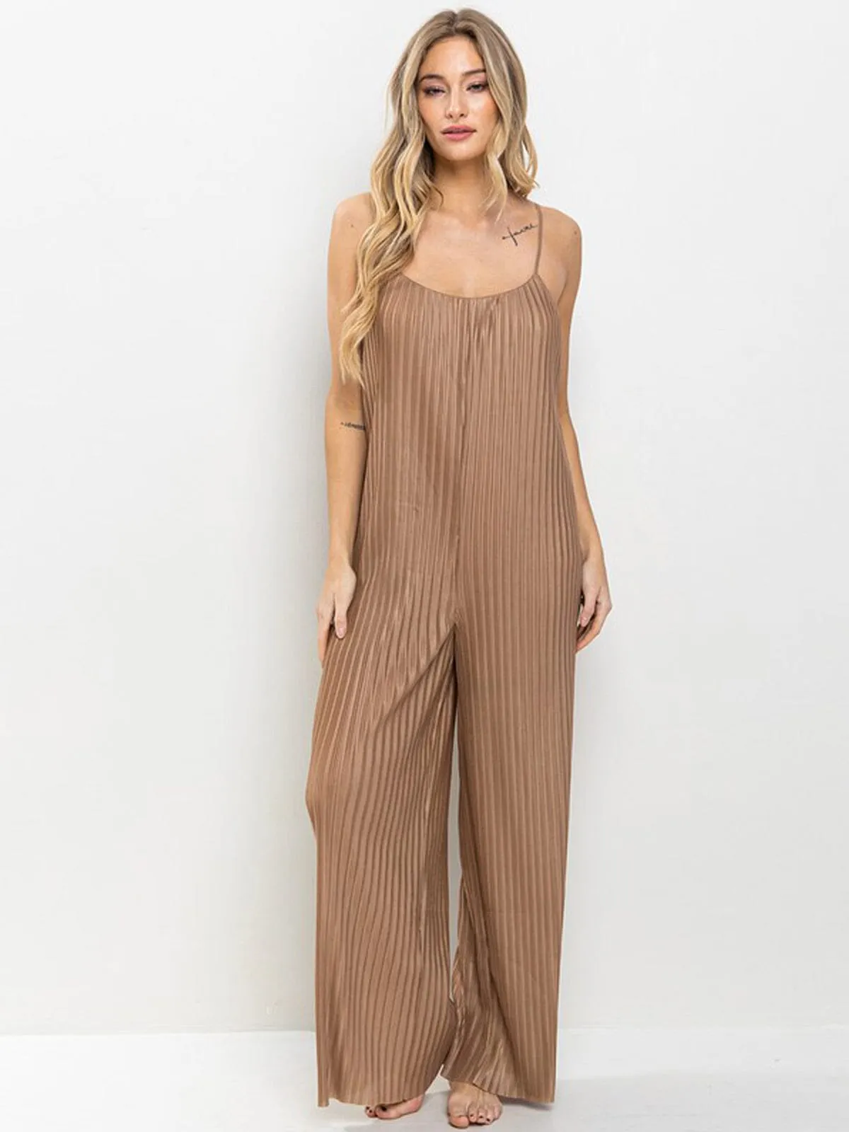 WOMEN'S SLEEVELESS POCKETS PLEATED WIDE LEG JUMSPUIT