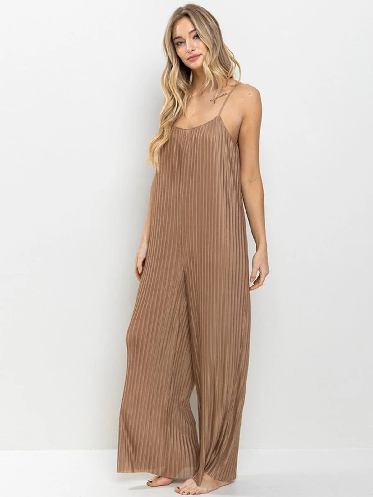 WOMEN'S SLEEVELESS POCKETS PLEATED WIDE LEG JUMSPUIT