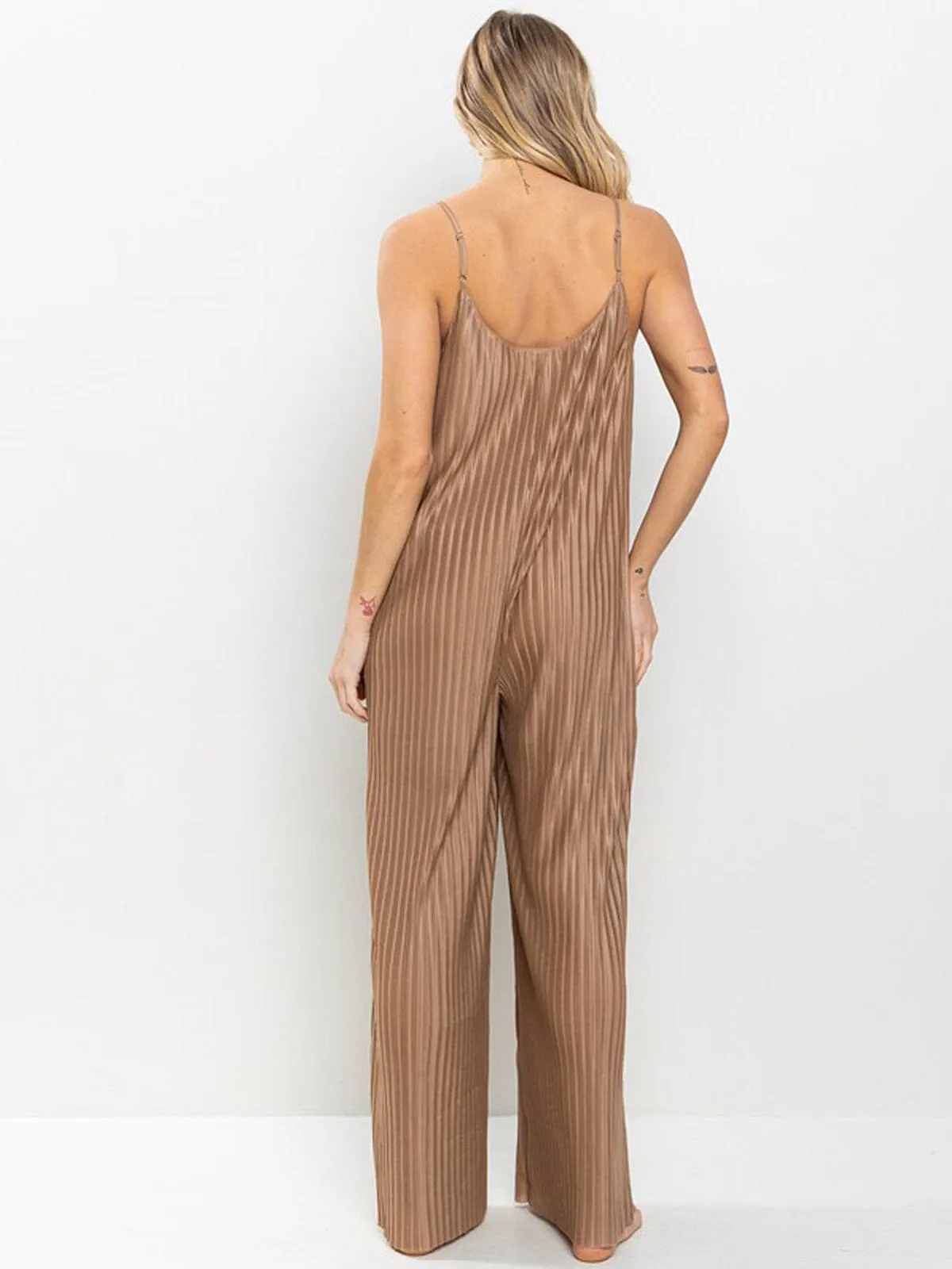 WOMEN'S SLEEVELESS POCKETS PLEATED WIDE LEG JUMSPUIT