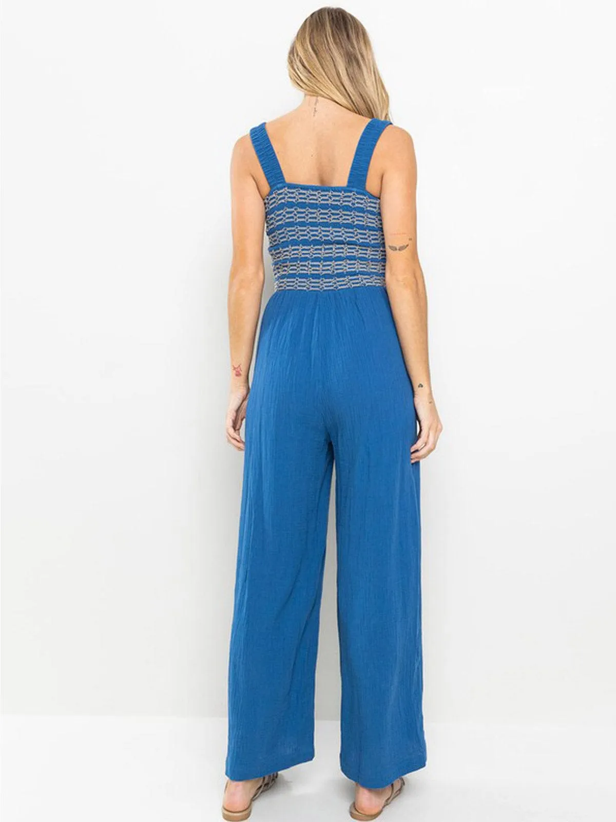WOMEN'S SLEEVELESS SMOCK POCKETS WIDE LEG JUMPSUIT