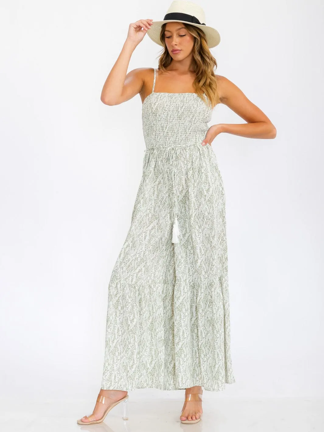 WOMEN'S SLEEVELESS SMOCK POCKETS WIDE LEG LEAF PRINT JUMPSUIT