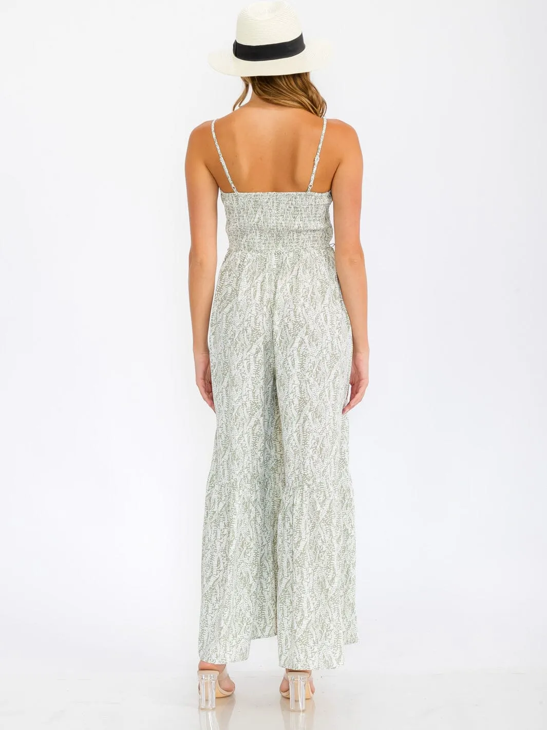 WOMEN'S SLEEVELESS SMOCK POCKETS WIDE LEG LEAF PRINT JUMPSUIT