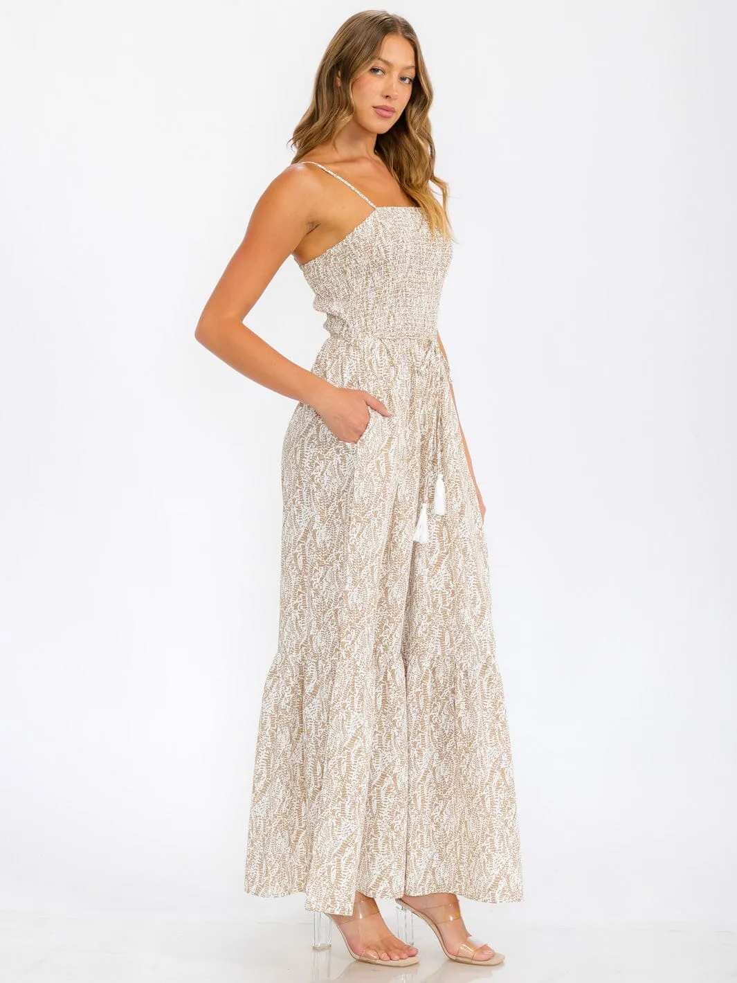 WOMEN'S SLEEVELESS SMOCK POCKETS WIDE LEG LEAF PRINT JUMPSUIT