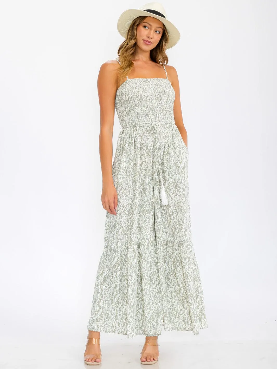 WOMEN'S SLEEVELESS SMOCK POCKETS WIDE LEG LEAF PRINT JUMPSUIT