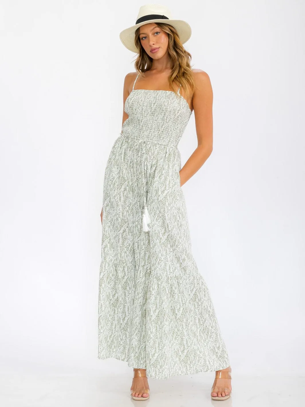 WOMEN'S SLEEVELESS SMOCK POCKETS WIDE LEG LEAF PRINT JUMPSUIT