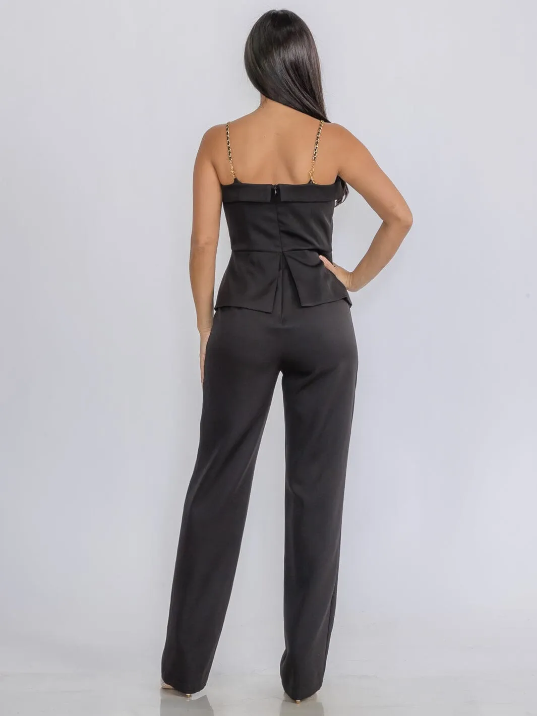 WOMEN'S SLEEVELESS SURPLICE BUTTONS DETAILED WIDE LEG JUMPSUIT